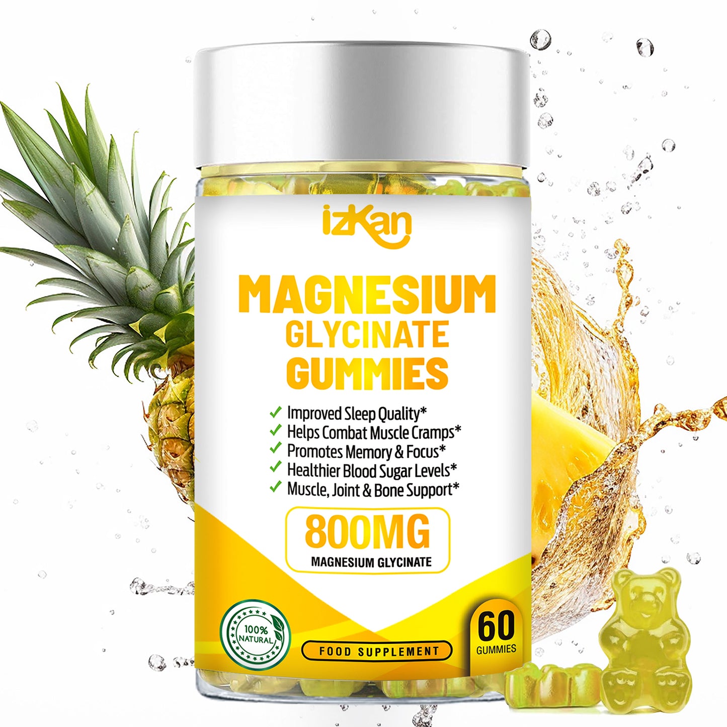 Magnesium Glycinate Gummies - 60 Sugar Free Gummies Pineapple Flavor