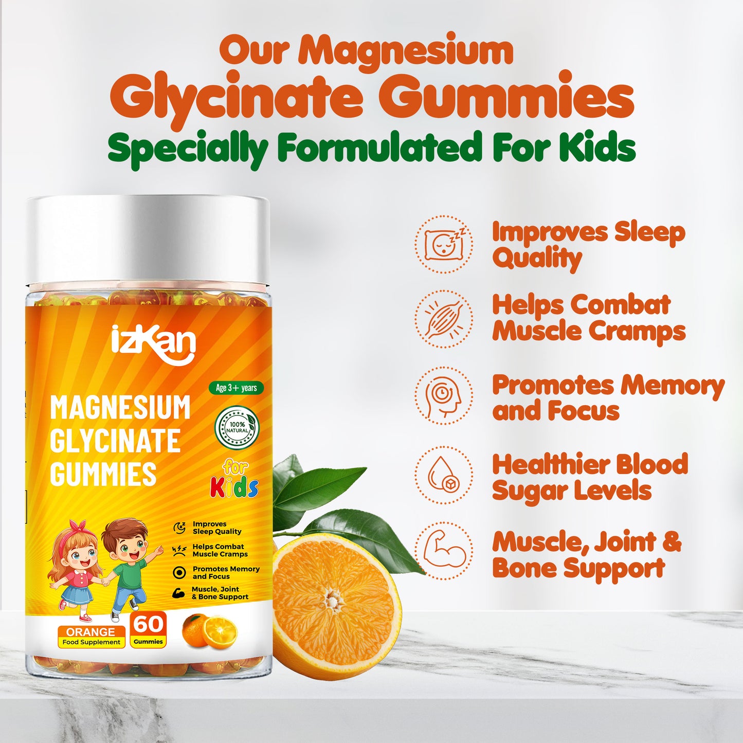 Magnesium Glycinate Gummies for Kids 100mg, Orange Flavor