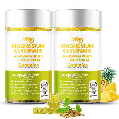 Magnesium Glycinate Gummies - 60 Ashwagandha Gummies with Lemon Balm Extract, Pineapple Flavor