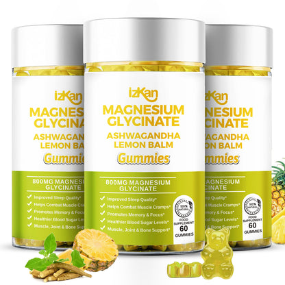 Magnesium Glycinate Gummies - 60 Ashwagandha Gummies with Lemon Balm Extract, Pineapple Flavor