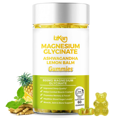 Magnesium Glycinate Gummies - 60 Ashwagandha Gummies with Lemon Balm Extract, Pineapple Flavor