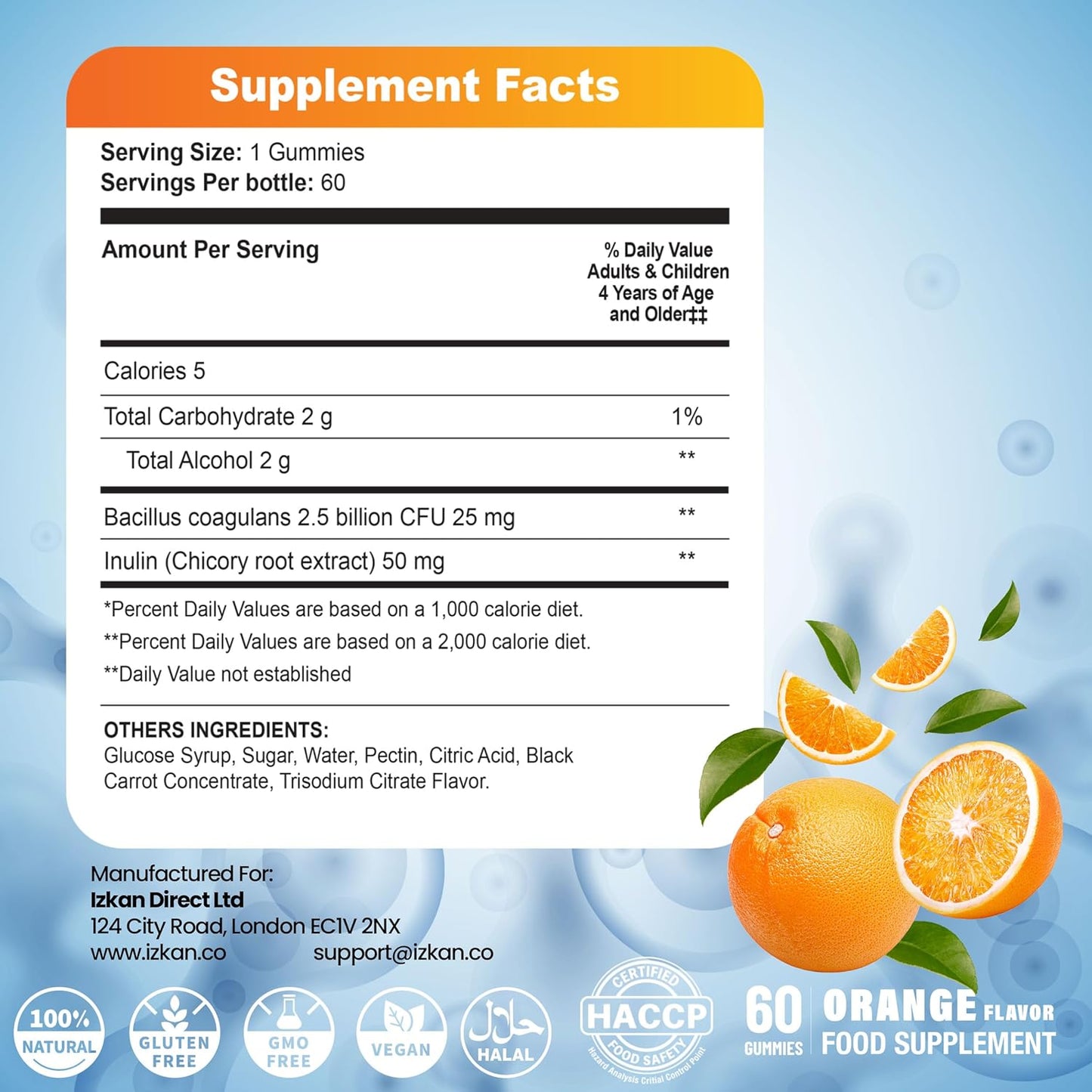 Probiotic Gummies with Prebiotics – 60 Orange Flavour Gummies – Bacillus Coagulans 2.5 Billion CFU & Inulin – Daily Gut Health & Immune Support for Kids Vegan, Non-GMO, Gluten Free (Orange)