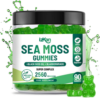 Sea Moss Gummies with Bladderwrack & Burdock Root 2640 mg Superfood with Black Seed Oil | Apple Flavour | 60 Vegan Gummies