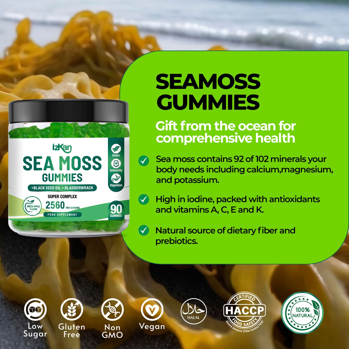 Sea Moss Gummies with Bladderwrack & Burdock Root 2640 mg Superfood with Black Seed Oil | Apple Flavour | 60 Vegan Gummies