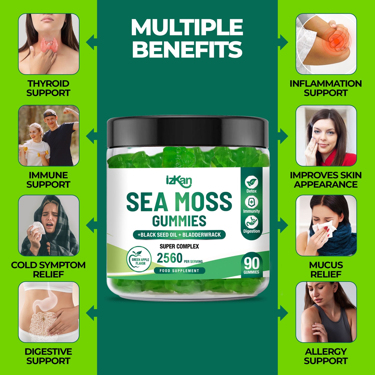 Sea Moss Gummies with Bladderwrack & Burdock Root 2640 mg Superfood with Black Seed Oil | Apple Flavour | 60 Vegan Gummies