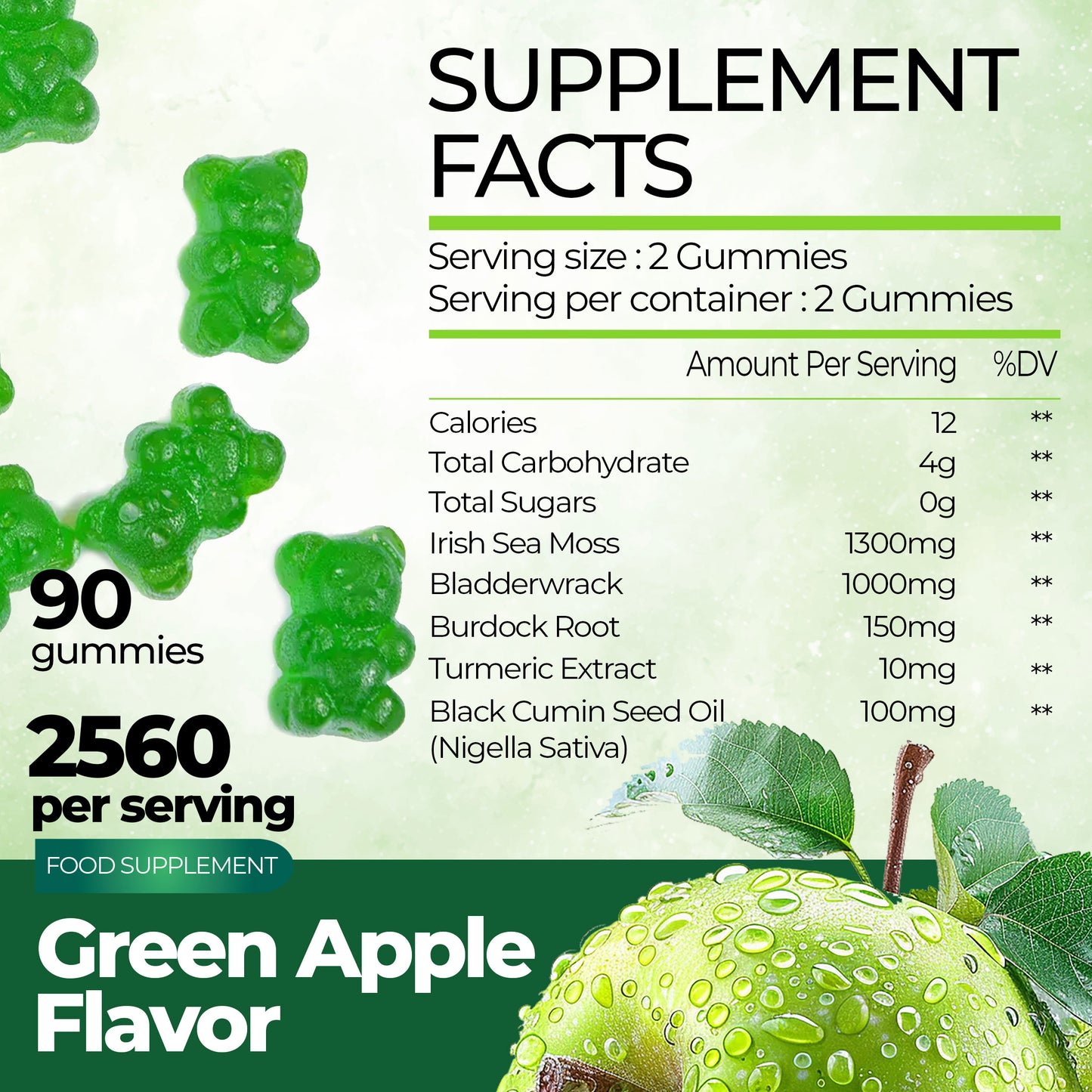 Sea Moss Gummies with Bladderwrack & Burdock Root 2640 mg Superfood with Black Seed Oil | Apple Flavour | 60 Vegan Gummies