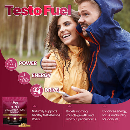 Shilajit Sea Moss Ginseng Capsules 1450mg – 9 in 1 Complex with Ashwagandha, Cordyceps, Zinc & Magnesium – Natural Energy, Immunity, Focus & Testosterone Support – 90 Capsules (1)