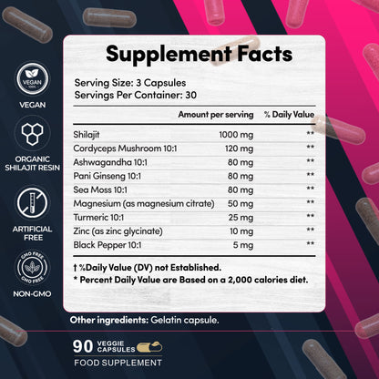 Shilajit Sea Moss Ginseng Capsules 1450mg – 9 in 1 Complex with Ashwagandha, Cordyceps, Zinc & Magnesium – Natural Energy, Immunity, Focus & Testosterone Support – 90 Capsules (1)
