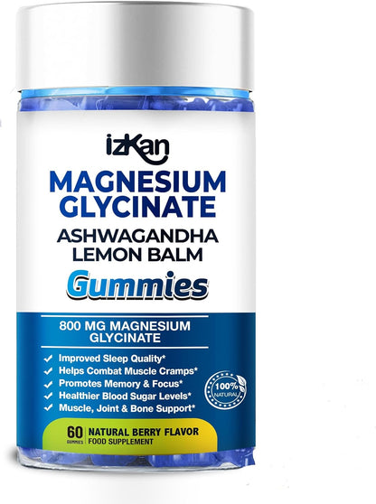 Magnesium Glycinate Gummies 800mg - Sugar Free Magnesium Supplement with Ashwagandha, Lemon Balm Extract & CoQ10 for Sleep, Stress & Muscle Relief & Nerve Health - 60 Gummies (Blueberry Flavor)