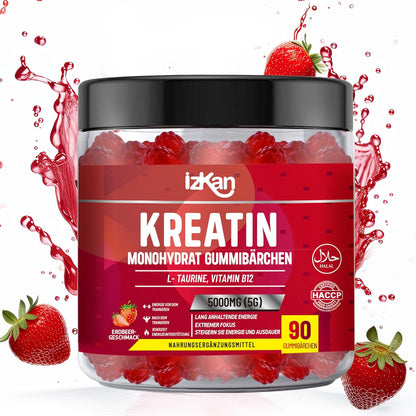 Kreatin Gummibärchen 5000 mg – Vegane Creatin-Monohydrat-Gummis 5G für den Muskelaufbau und Fitness-Ergänzung – mit Erdbeergeschmack